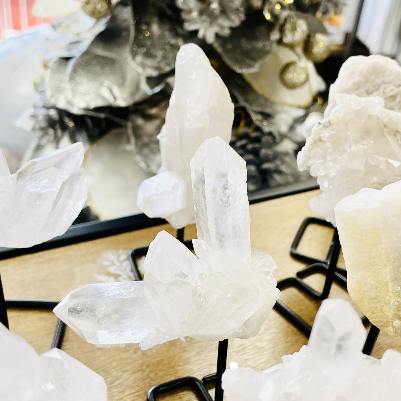 Clear Quartz Point Cluster #R187 - Icicle Quartz Crystals on a Table Stand Display