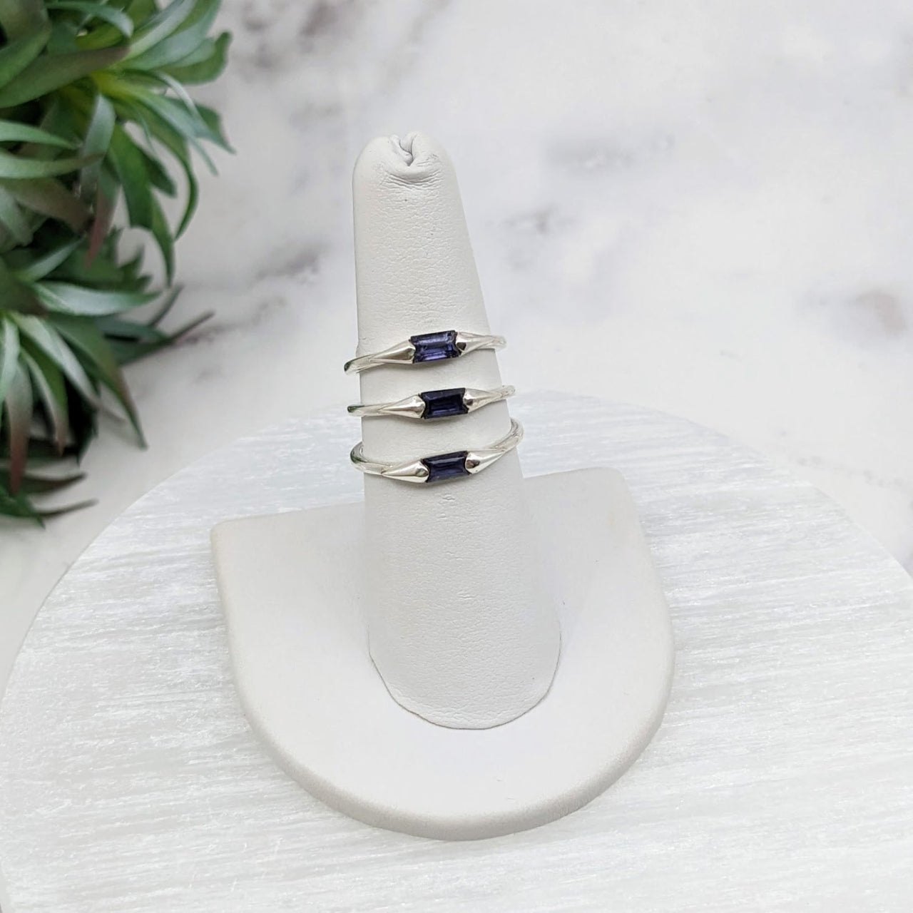 Elegant white ring with blue sapphire stone - Iolite Faceted Baguette Sterling Silver Ring