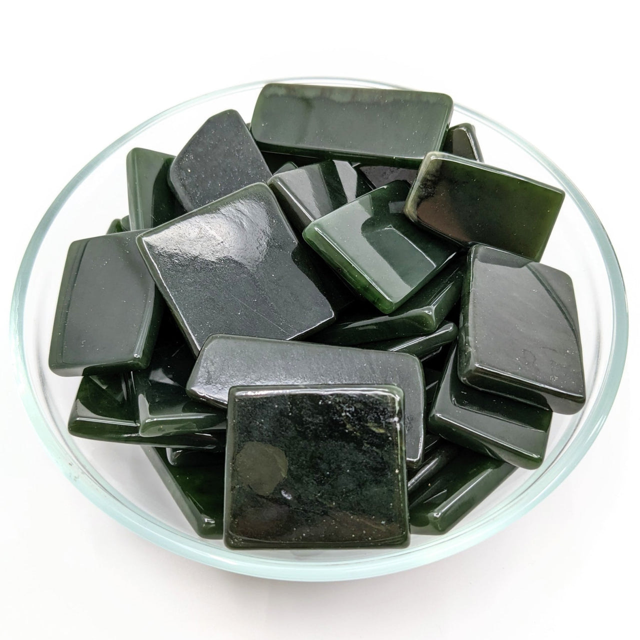 Jade Siberian Dark Green Slice (1.4-1.7’) #LV1260 - bowl of green and black glass shards