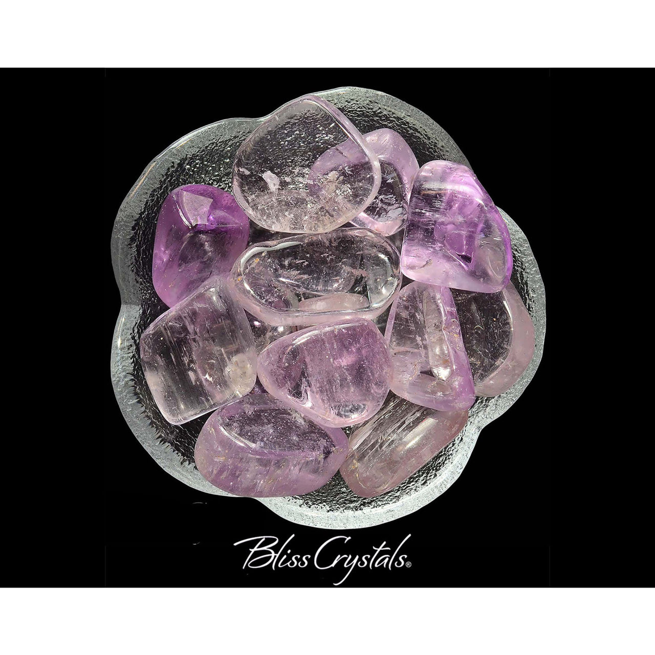 A bowl of pink kunzite crystals from KUNZITE Grade AA Tumbled Stone 1 Lavender Gem #KT12