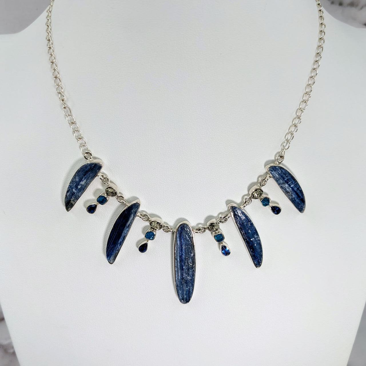 Kyanite Pyrite Apatite 18’ S.S. Necklace #LV3905 with blue and white stones