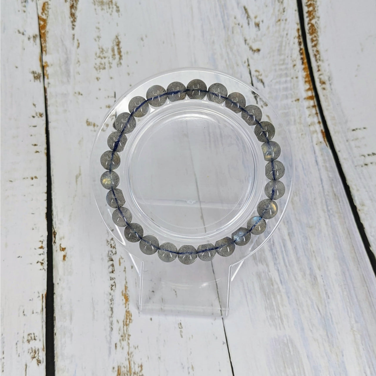 Clear plastic ring with a blue beaded bracelet, Labradorite Bliss Crystals 7’ #SK3862