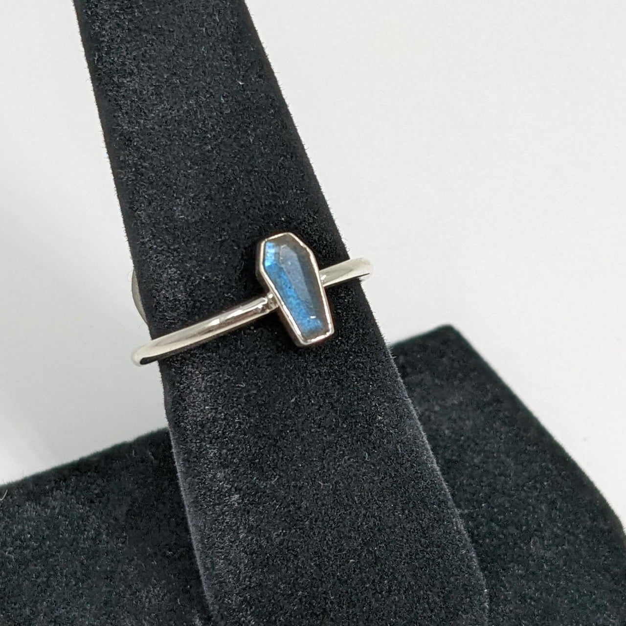 Labradorite Coffin Style Sterling Silver Ring with Blue Stone and Black Tourmaline Double