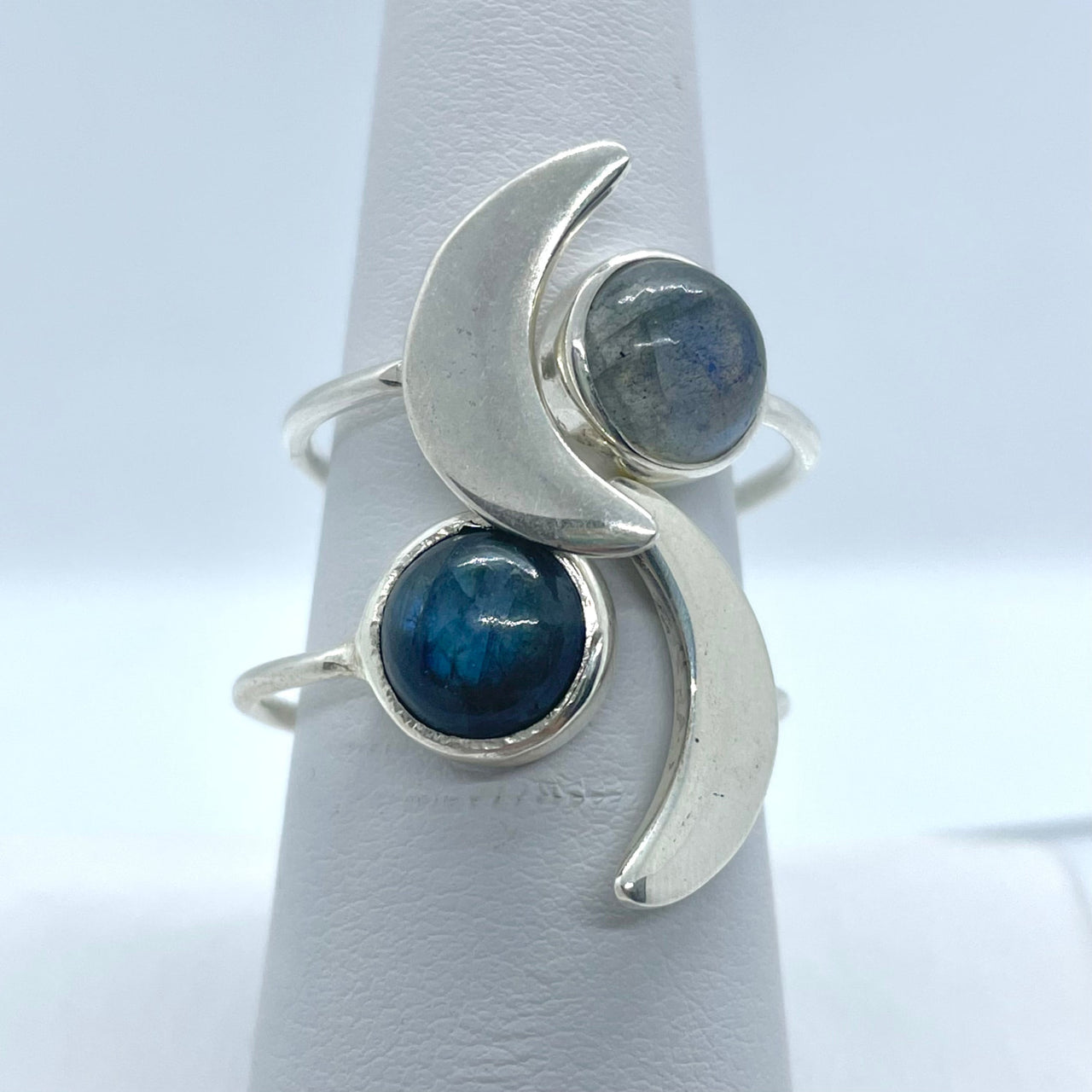 Labradorite Crescent Moon Ring with Blue Gems, Adjustable Size 9, Sterling Silver #J705