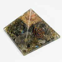 Thumbnail for Close-up of Labradorite Orgone Pyramid 7cm #LV3369 with a spiral design