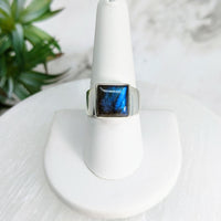 Thumbnail for Labradorite S.S. Square Ring #LV5026 with blue stone on white stand