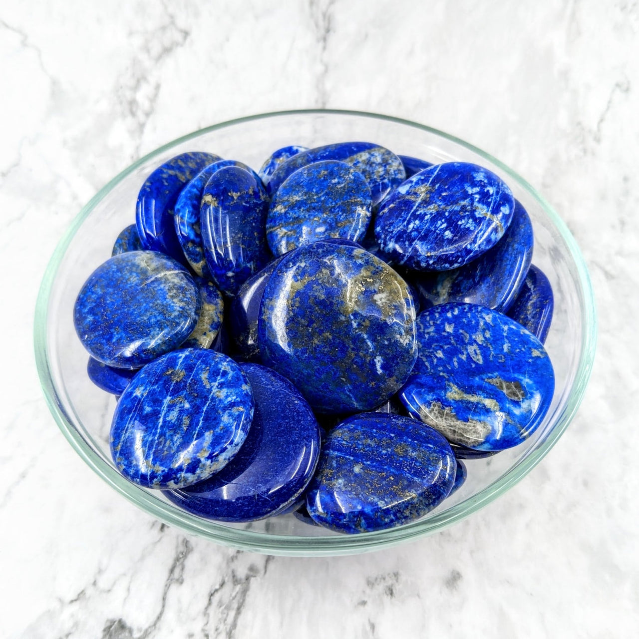 Blue marble pebbles in a bowl, Lapis Lazuli 1.25-1.8’ palm stones #LV1975 for sale