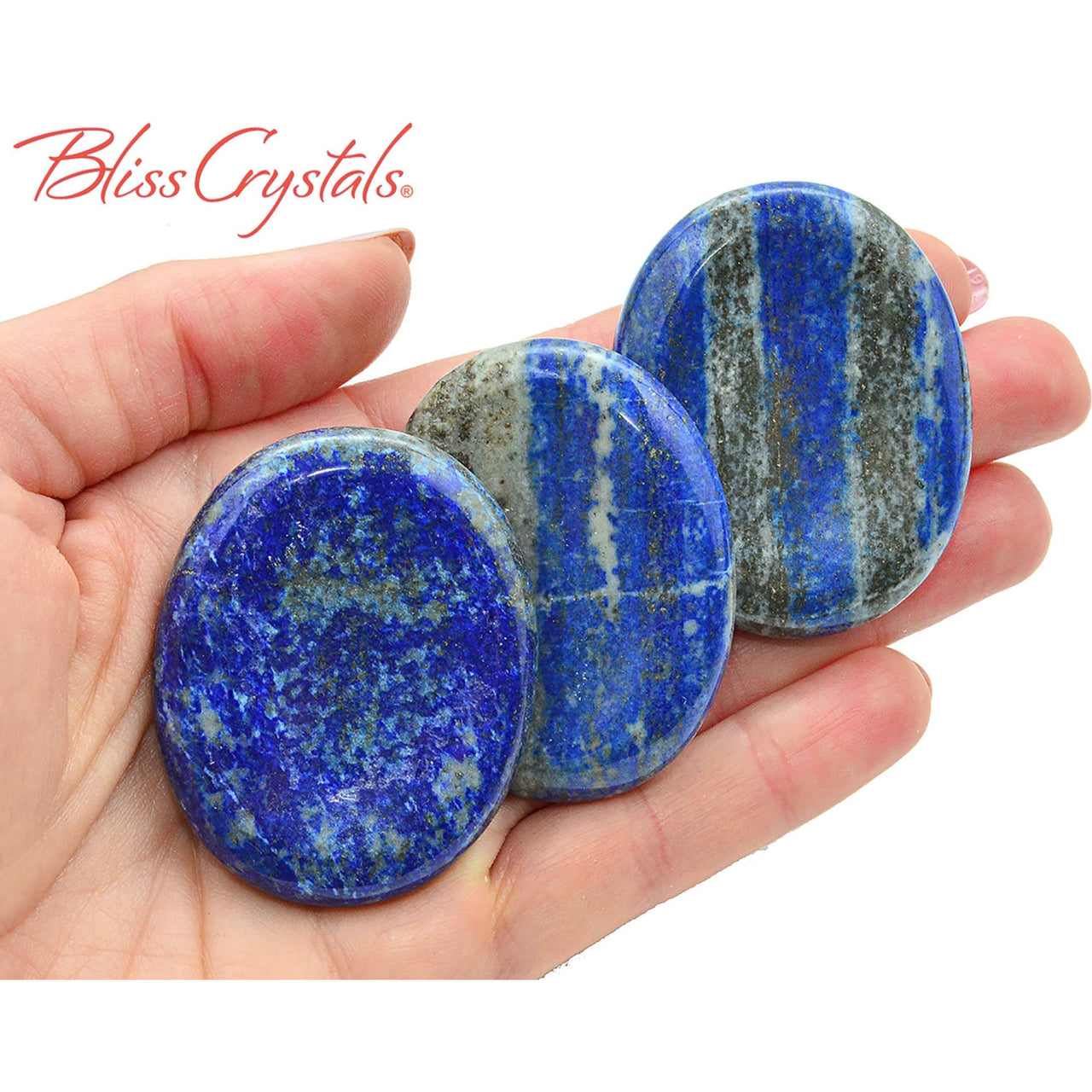 Beautiful lapis lazuli palm stones with pyrite, displayed as LAPIS LAZULI Thumb Stone #LL10