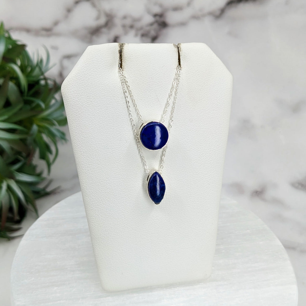 Lapis Lazuli Polished Necklace in Sterling Silver on White Stand - 18’ Chain #LV3234