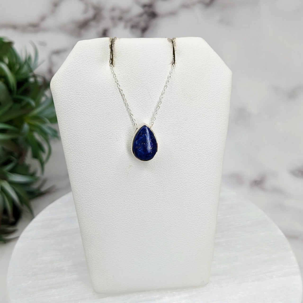 Lapis Lazuli Polished Necklace Sterling Silver Slider Pendant on 18’ Chain on Display