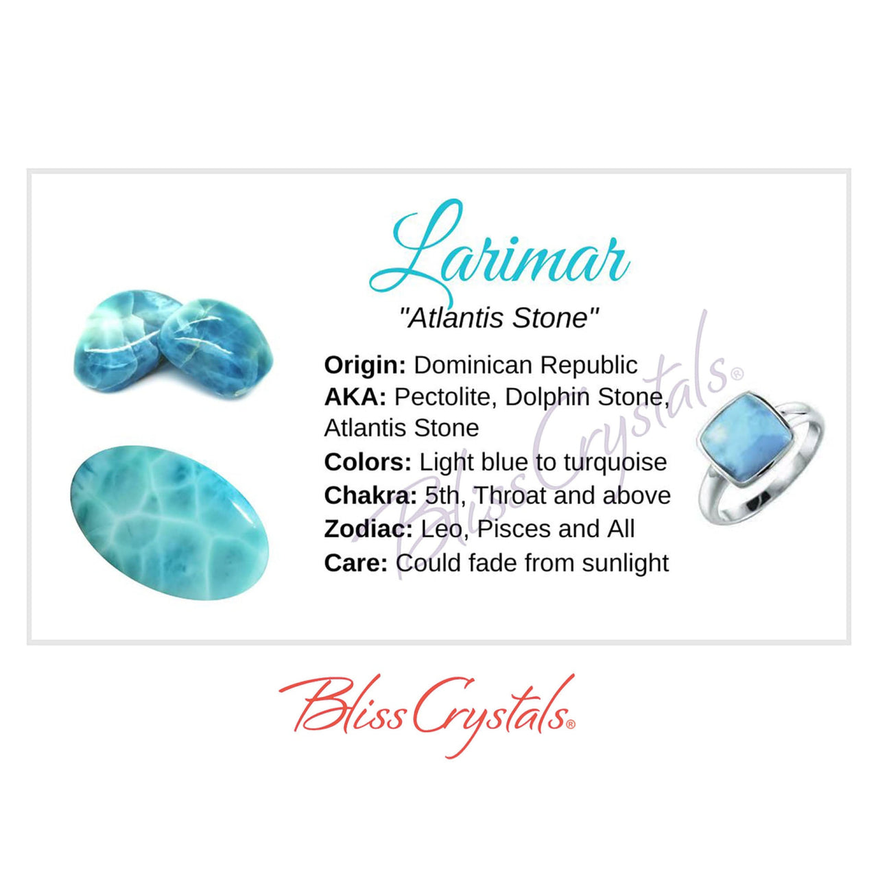 LARIMAR Crystal Information Card with Laria ring featuring a stunning blue topaz