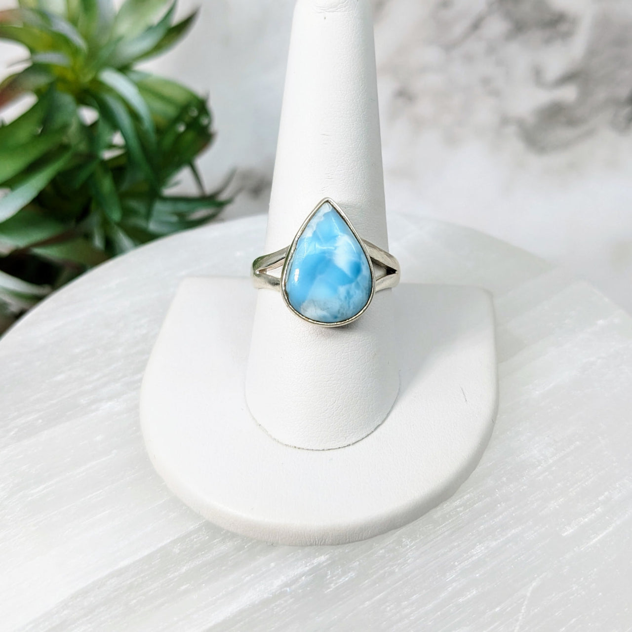 Larimar Sz. 9.75 S.S. Teardrop Ring #LV5038 on white pedestal