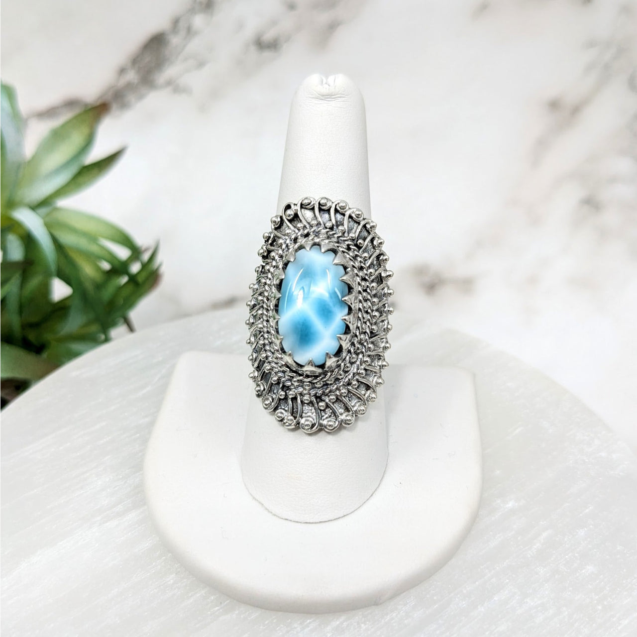 Larimar Sz. 9 Tribal Ring #LV4460: Blue Stone with Silver Setting