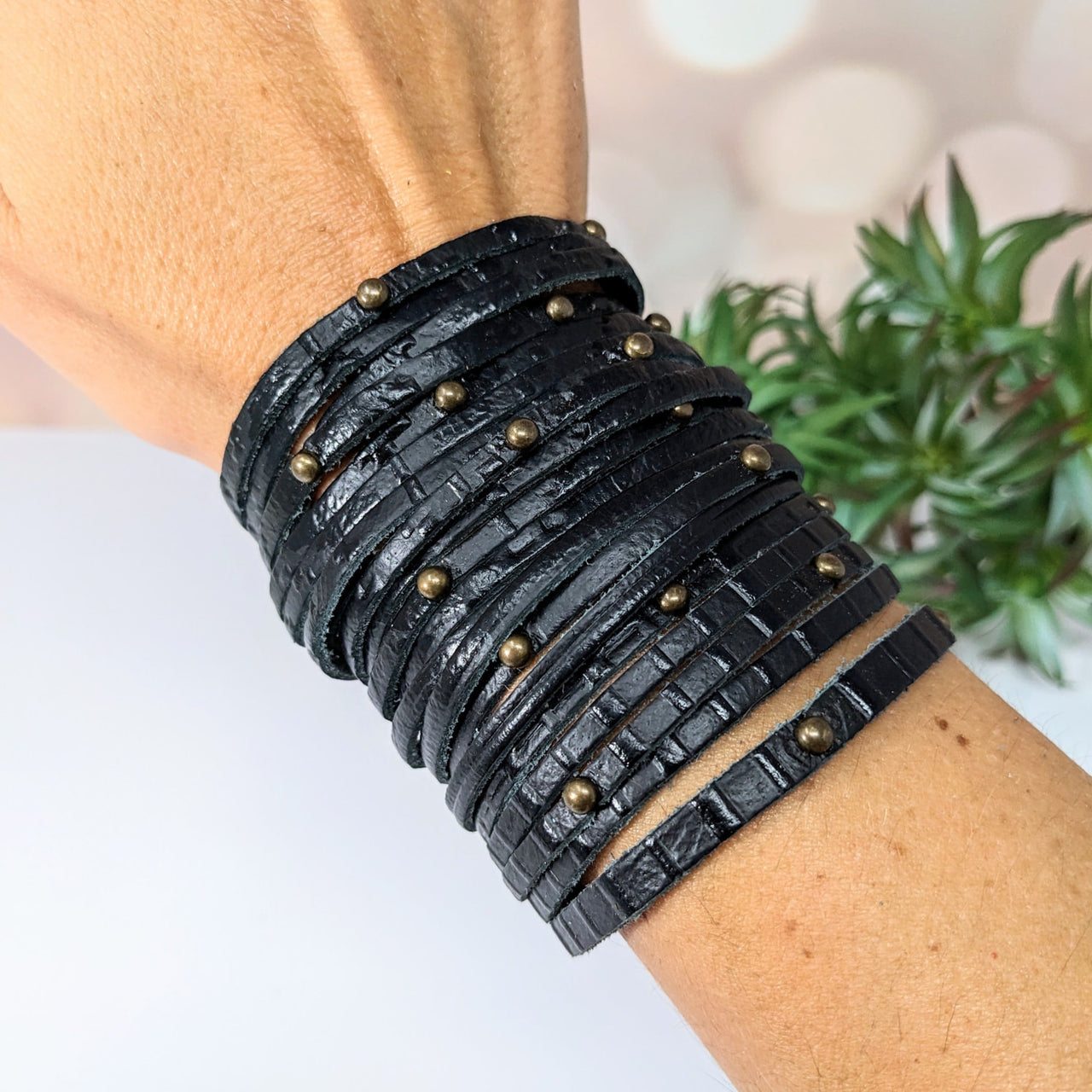 Black leather wrap bracelet with studs, adjustable, 6.5-7.5 inches, product #LV2755