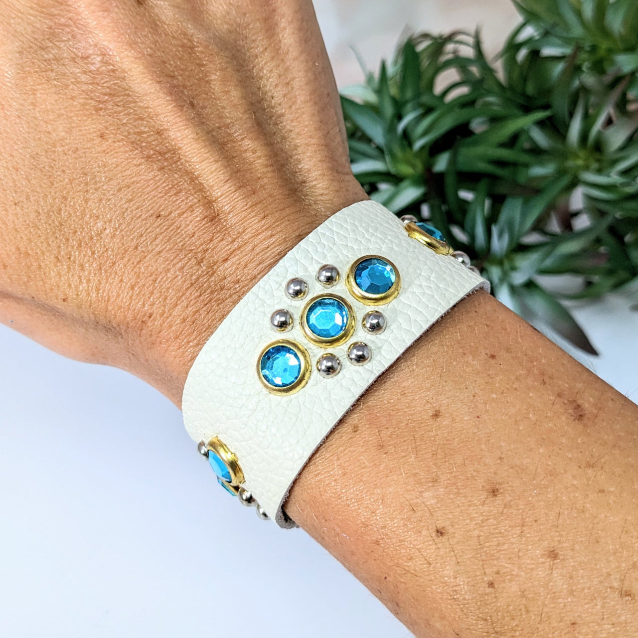 White leather bracelet with blue stones in Leather Bracelet 6 - 7.5’ Single Thick w Studs