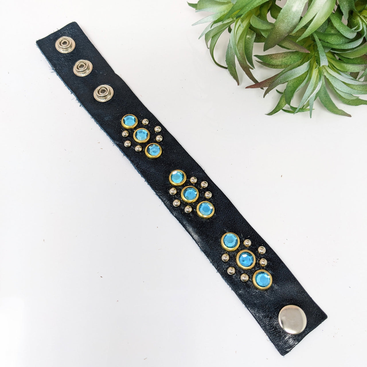 Black leather cuff with turquoise and gold buttons - Adjustable Leather Bracelet #LV2753