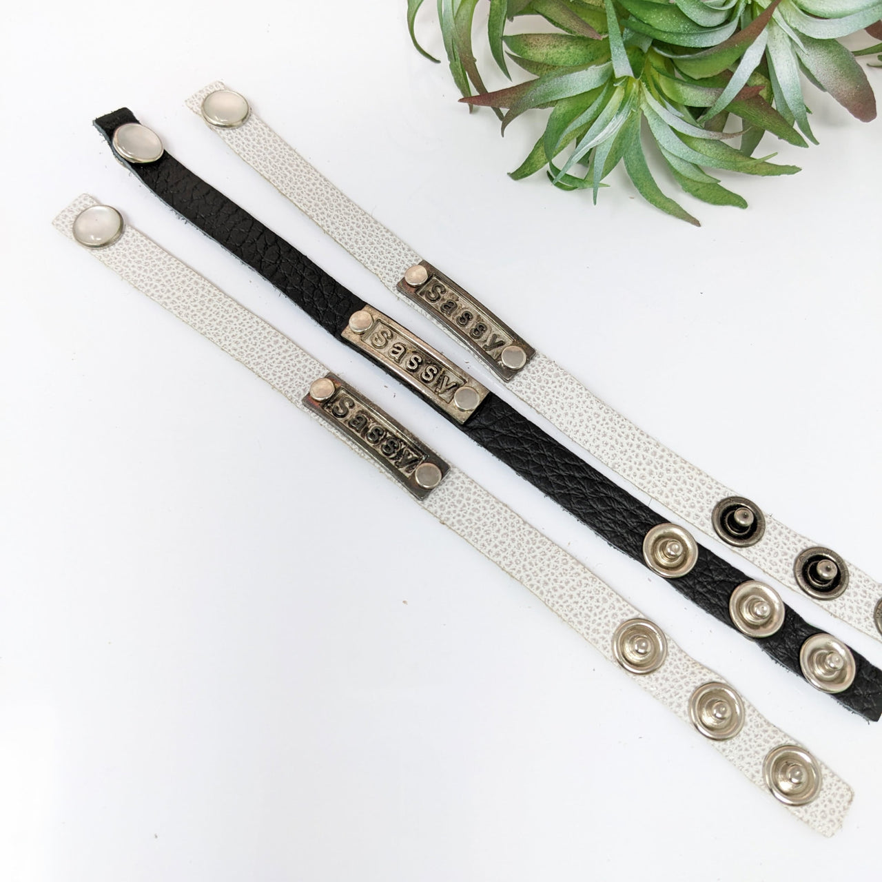 Black and white leather bracelet with metal buckles, adjustable 6-7.5 inches #LV2750