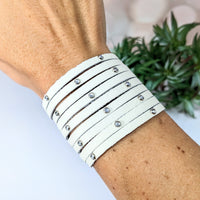 Thumbnail for White leather bracelet with silver beads and rhinestones, adjustable, 9 strands