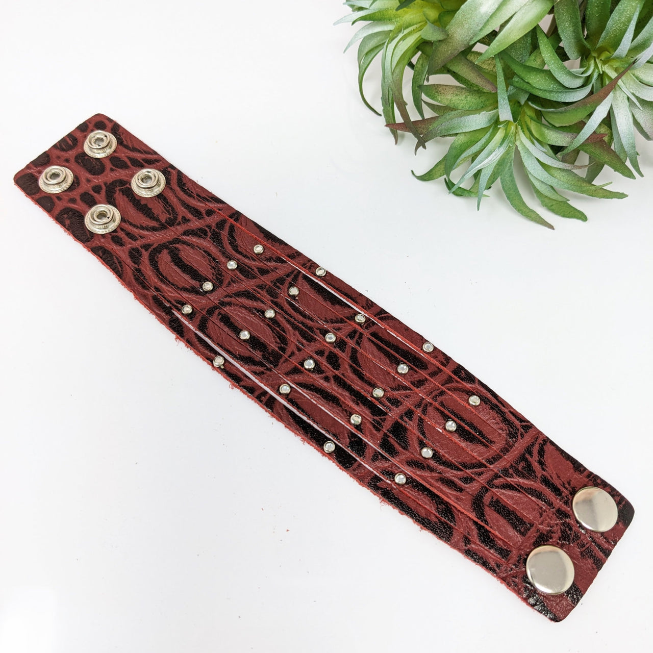 Red leather belt with metal buttons in Leather Bracelet 7-8’ 9 Strand Rhinestones #LV2754