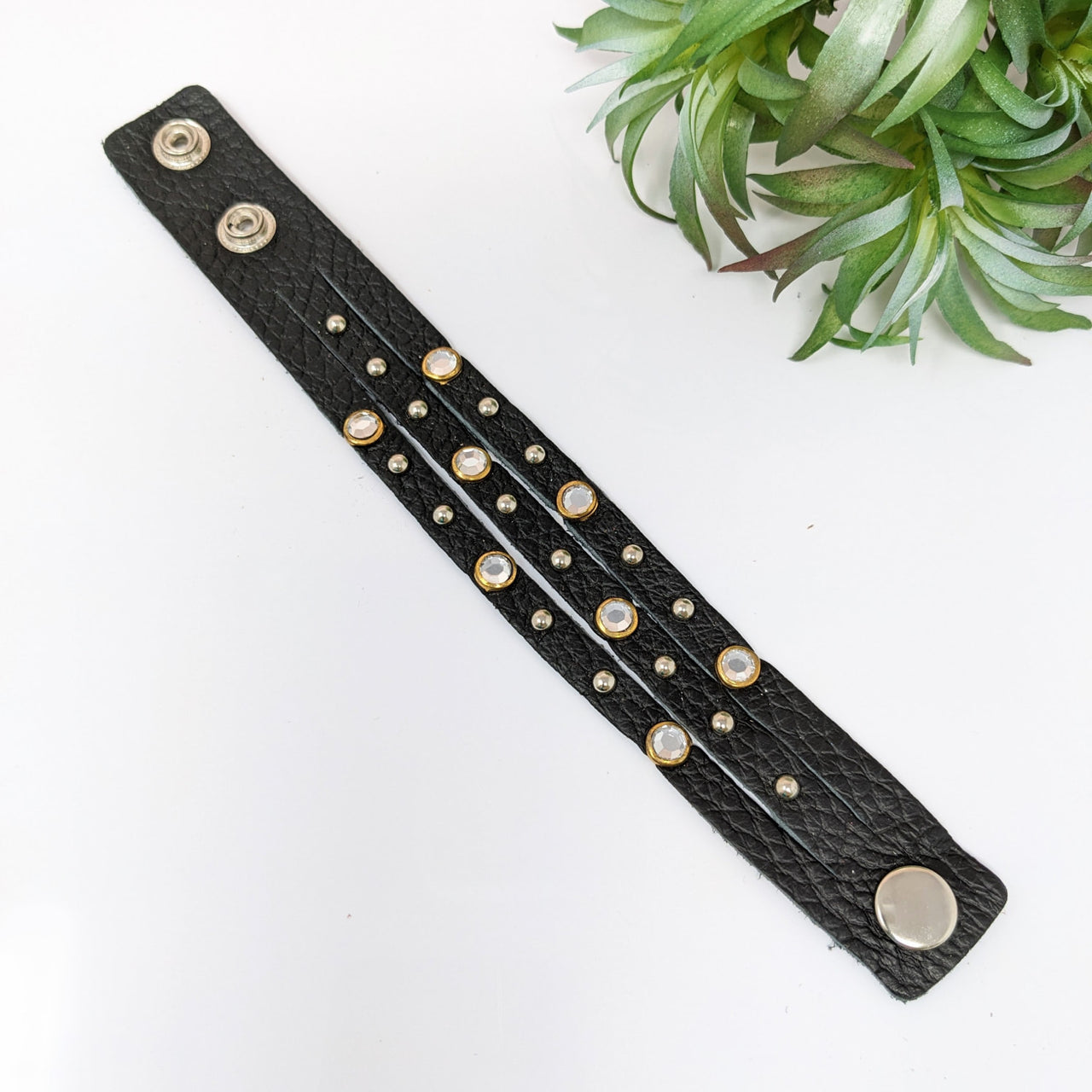 Black leather belt with gold studs for the Leather Bracelet 7 - 8’ Triple w Rhinestones #LV2752