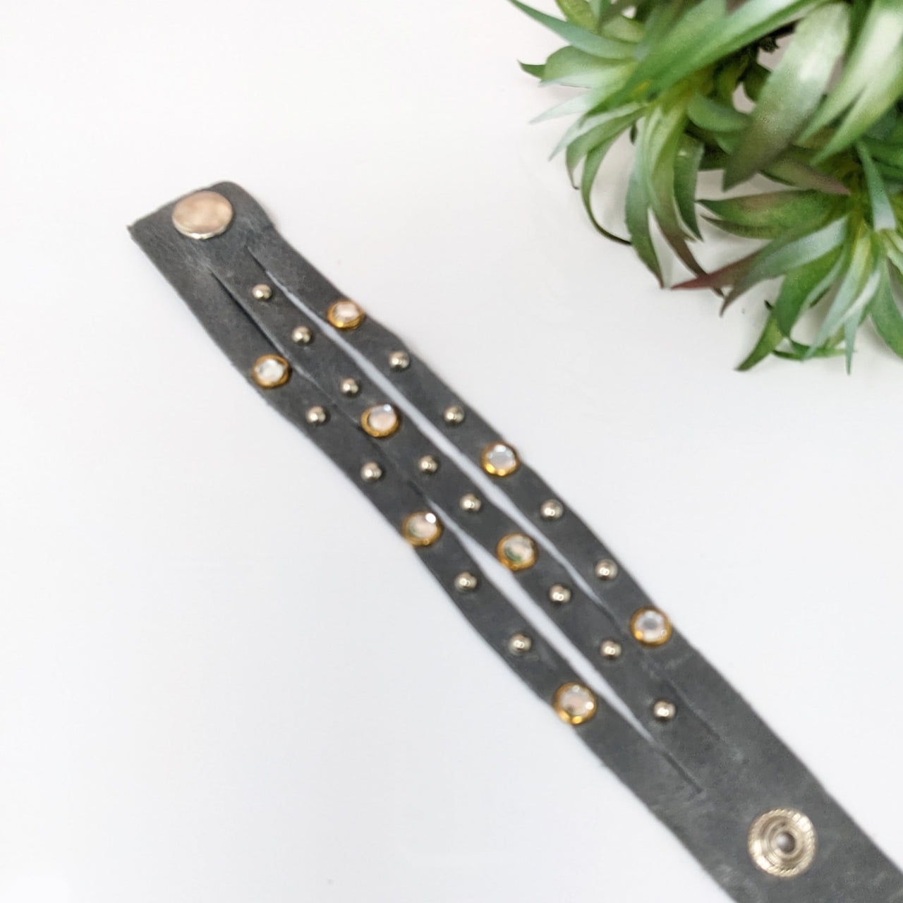 Black leather belt with gold studs and plant for product Leather Bracelet 7-8’ #LV2752