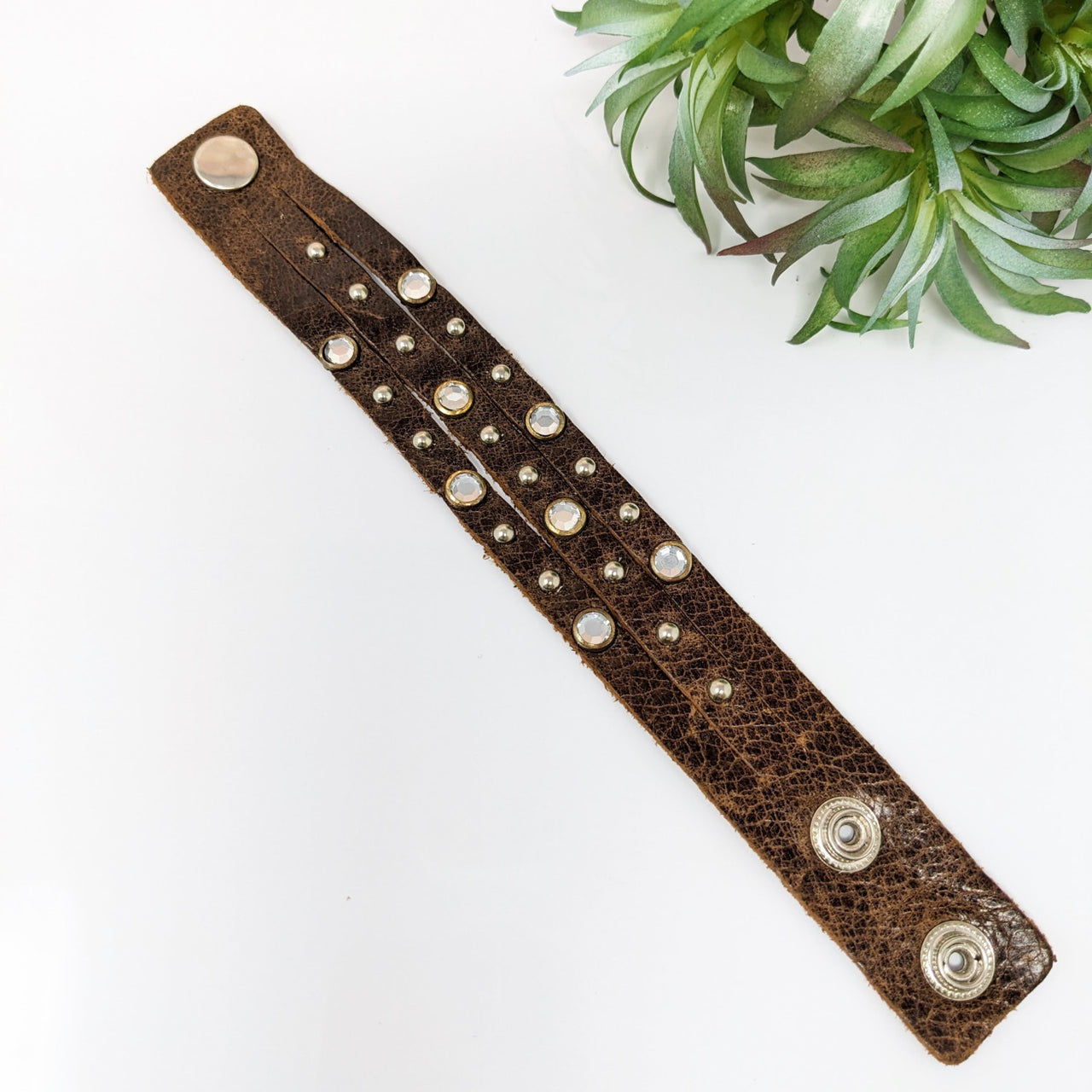 Brown Leather Bracelet with Silver Buttons and Rhinestones - Adjustable 7-8’ #LV2752