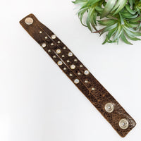 Thumbnail for Brown Leather Bracelet with Silver Buttons and Rhinestones - Adjustable 7-8’ #LV2752