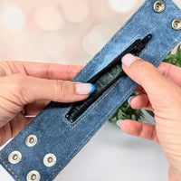 Thumbnail for Person holding denim wallet with zipper pouch, paired with Leather Bracelet 7-8’ #LV2751