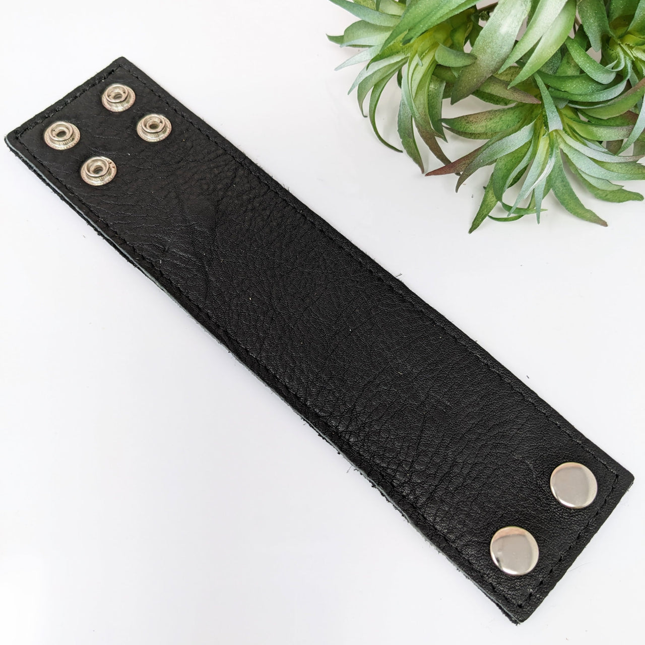 Black leather bracelet with metal buttons and zipper pouch, adjustable, #LV2751