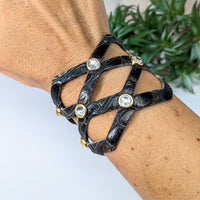 Thumbnail for Black leather wrap bracelet with gold accents, Leather Bracelet 7’ Double Lattice #LV2757