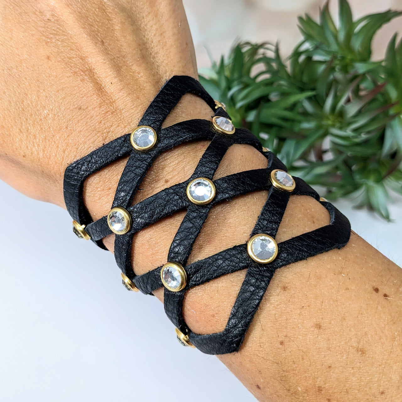 Stylish black leather bracelet with gold accents - Leather Bracelet 7’ Triple Lattice #LV2756