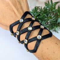 Thumbnail for Stylish black leather bracelet with gold accents - Leather Bracelet 7’ Triple Lattice #LV2756