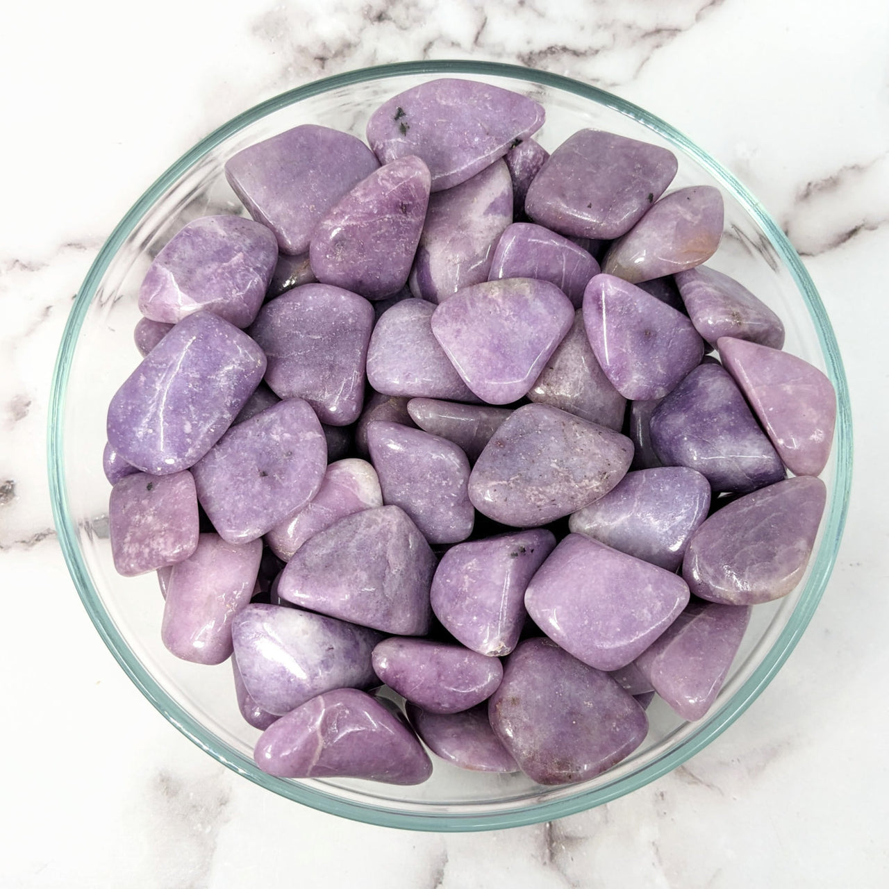 Lepidolite Mauve Purple Tumbled Stones in bowl on marble counter #LV1532