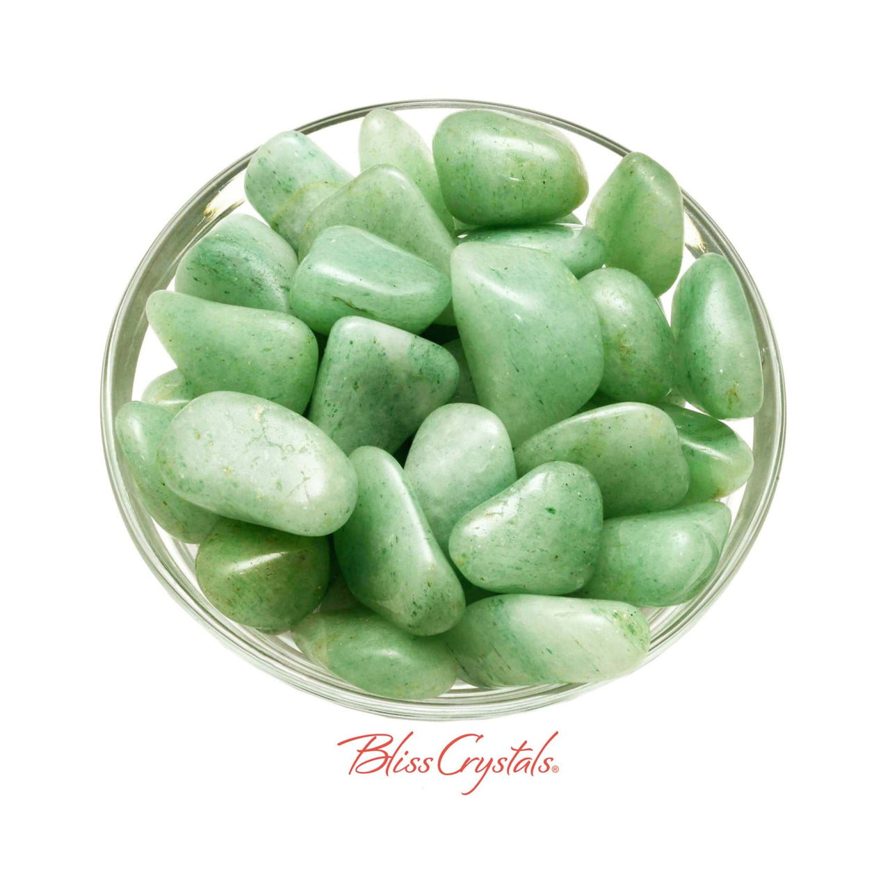 Green aventurine pebbles in a bowl, ideal for prosperity; large size approx at widest point