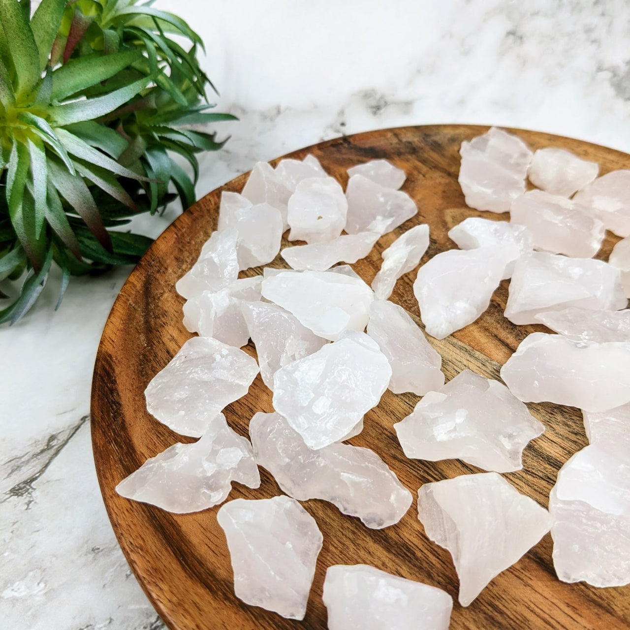 Wooden Cutting Board with White Ice Crystals and Light Pink Calcite Small Rough Stones Lot LV4093