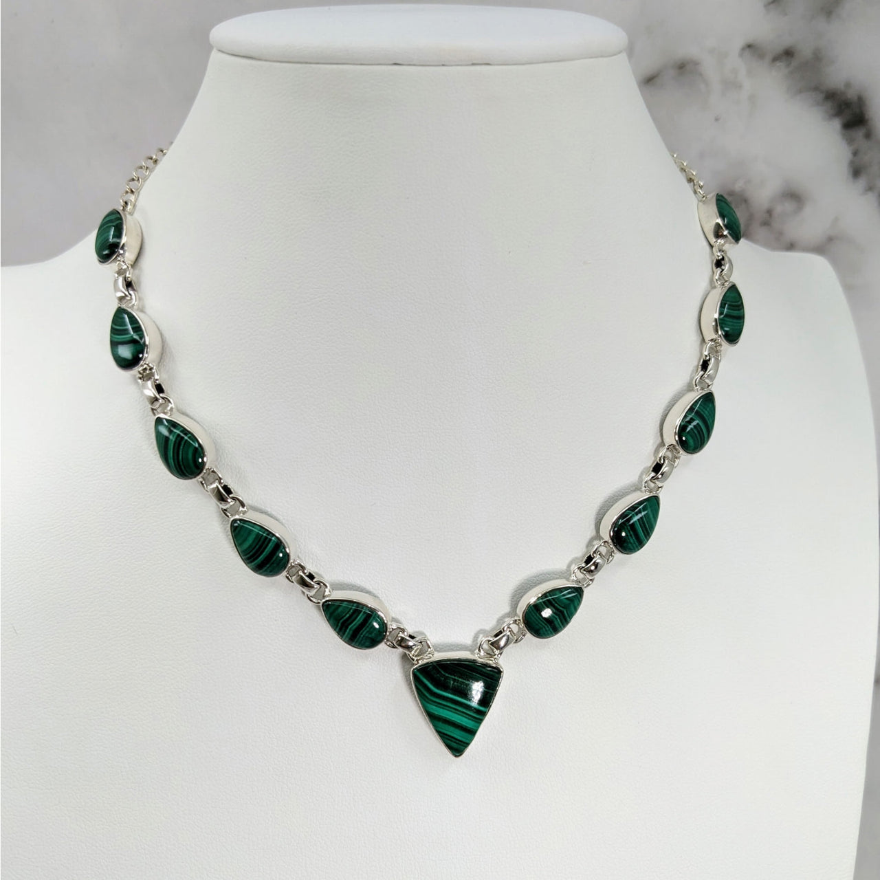 Malachite green and white necklace with silver clasp, 18’ S.S. 11 Stone Necklace #LV3911