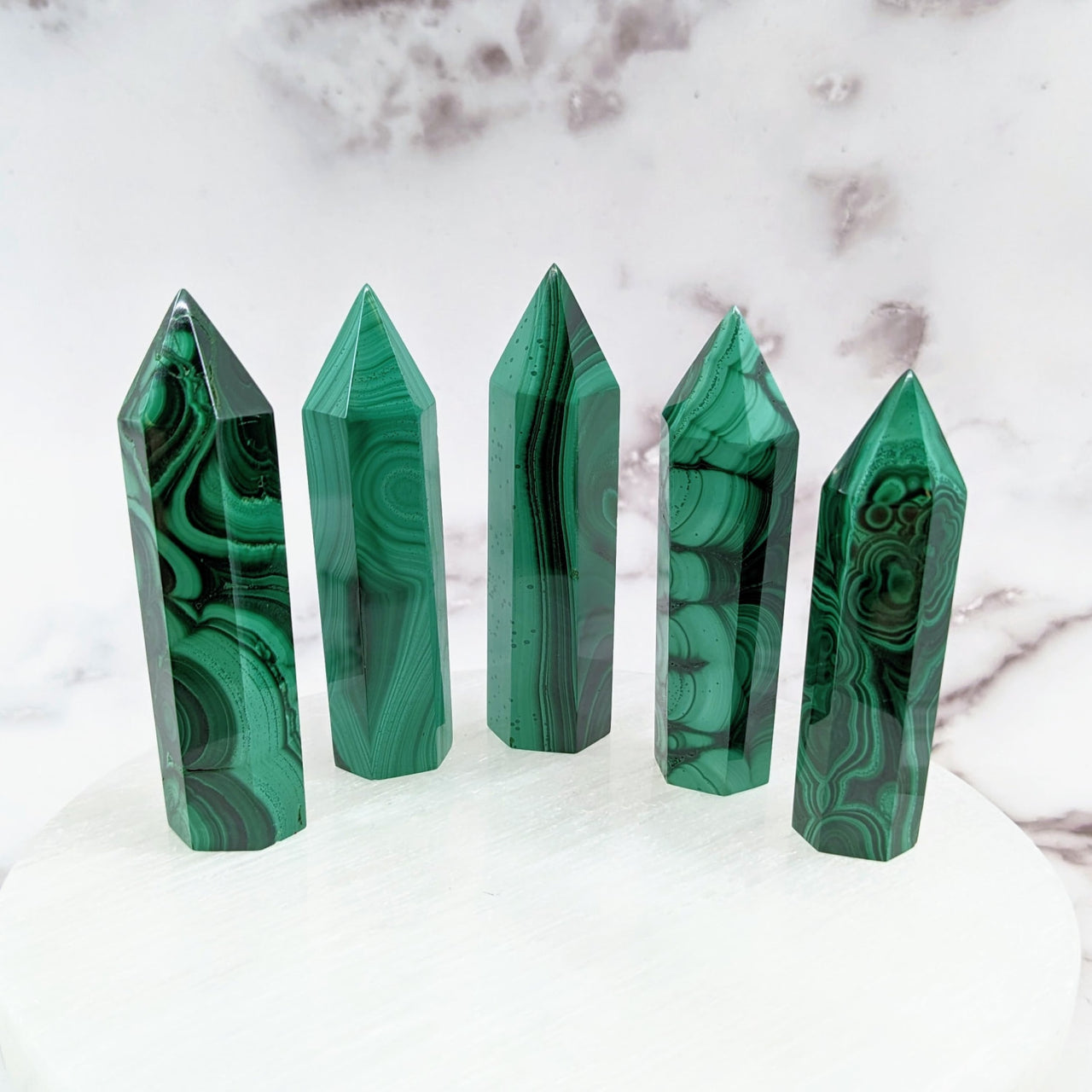 Malachite 2.7 - 3.1’ Tower #LV1460 crystal point set with unique banding patterns