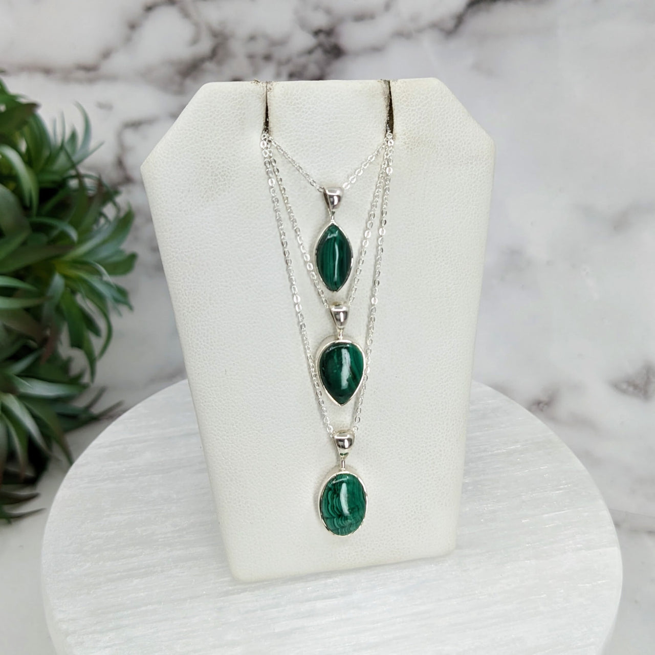 Emerald necklace and earrings set featuring Malachite Polished Sterling Silver Pendant