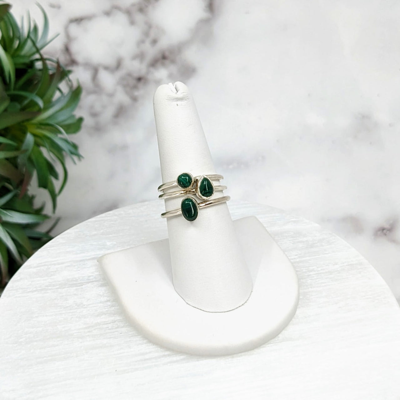 White marble ring with green stone, Malachite Polished Sterling Silver Dainty Stackable Ring