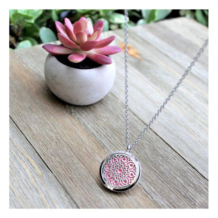 Pink flower diffuser necklace with silver chain in gift box - Mandala Aromatherapy #P001389