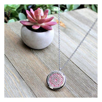 Thumbnail for Pink flower diffuser necklace with silver chain in gift box - Mandala Aromatherapy #P001389