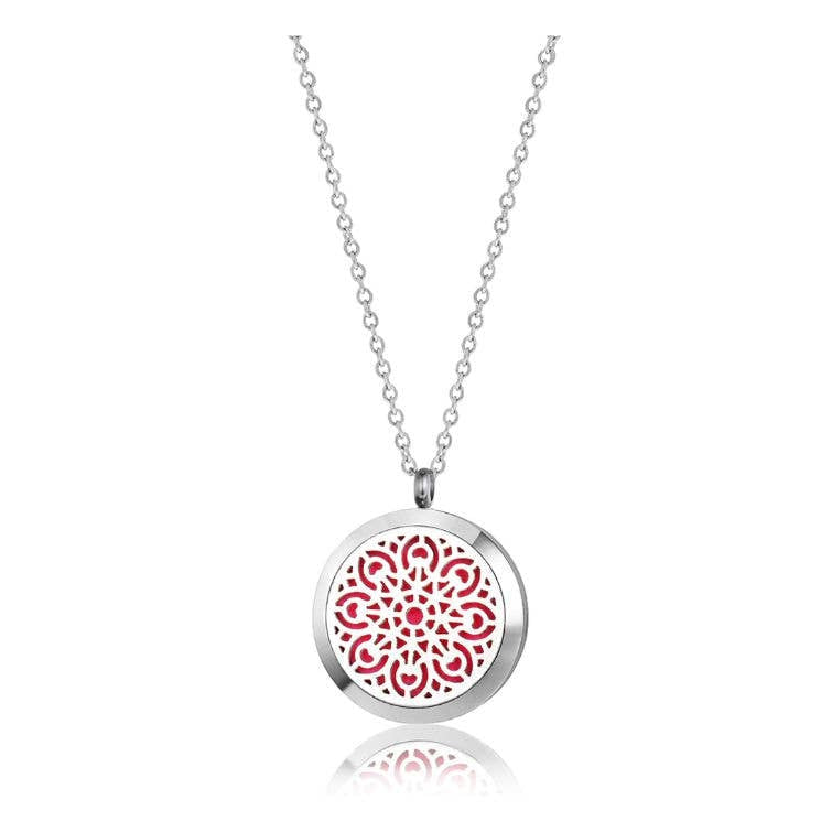 Mandala Aromatherapy Essential Oil Diffuser Necklace in gift box with red and white enamel pendant