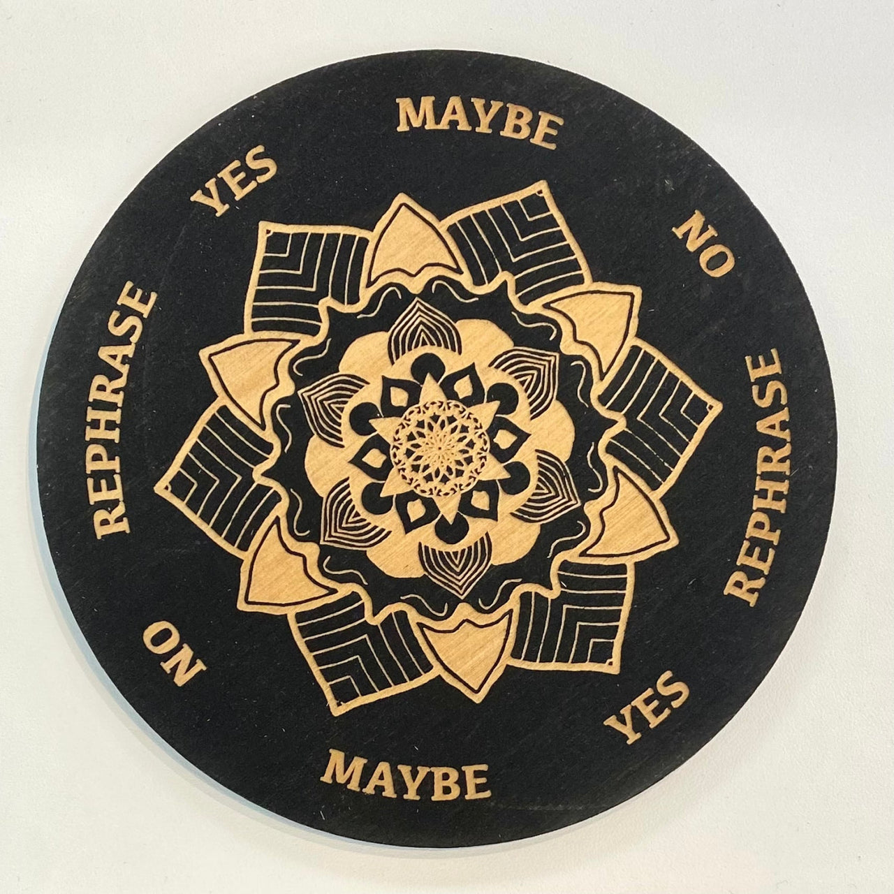 Black and gold flower-designed coaster from Mandala - Black - Pendulum Board Wood Grid #K199