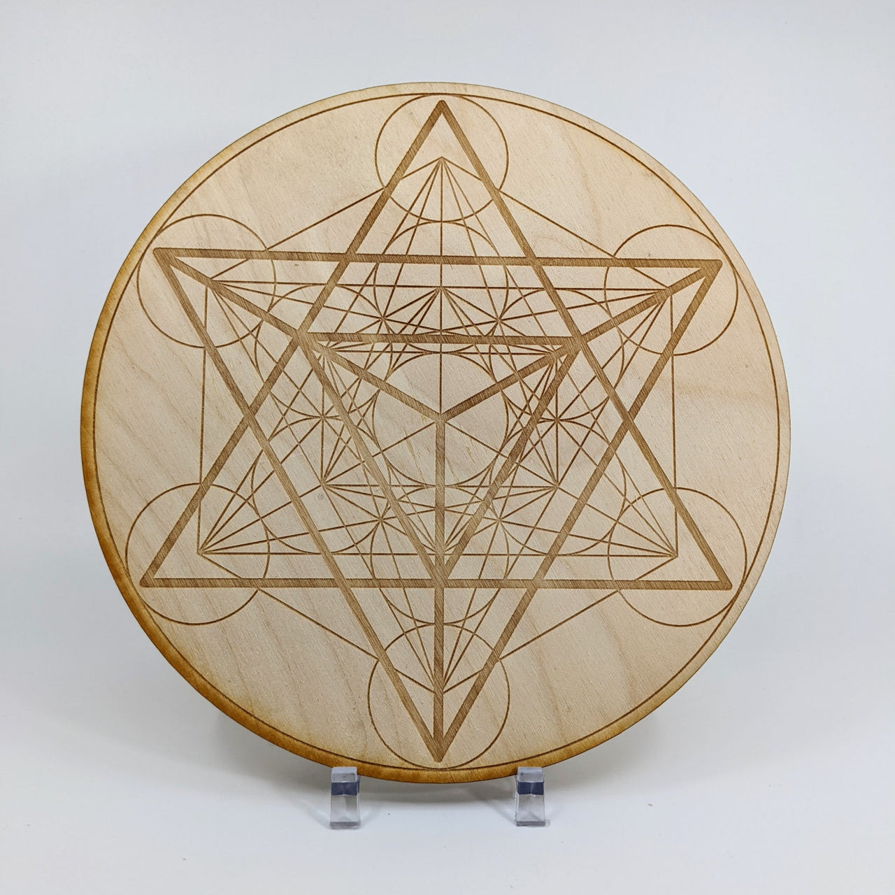 Alder wood Merkaba Metatron’s Cube etched wooden plate with a star design for sacred grids