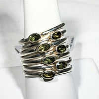 Thumbnail for Stack of green Moldavite gem rings in sterling silver - Faceted Oval Cut #SK2619