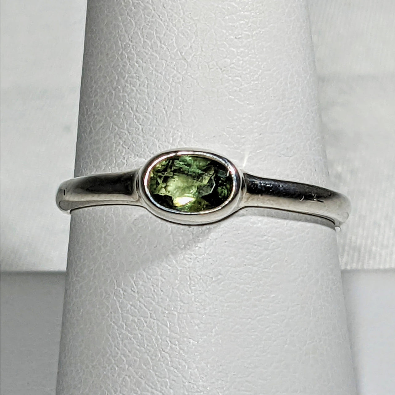 Moldavite Faceted Oval Cut Sterling Silver Ring with Green Tourmaline Stone #SK2619