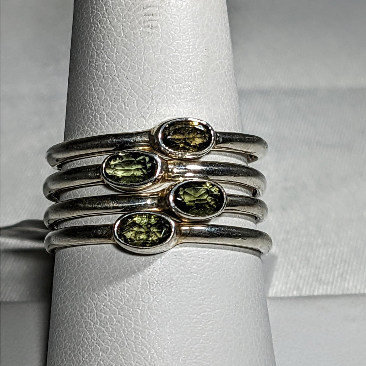 Moldavite Faceted Oval Cut Sterling Silver Ring with Green Gems #SK2619