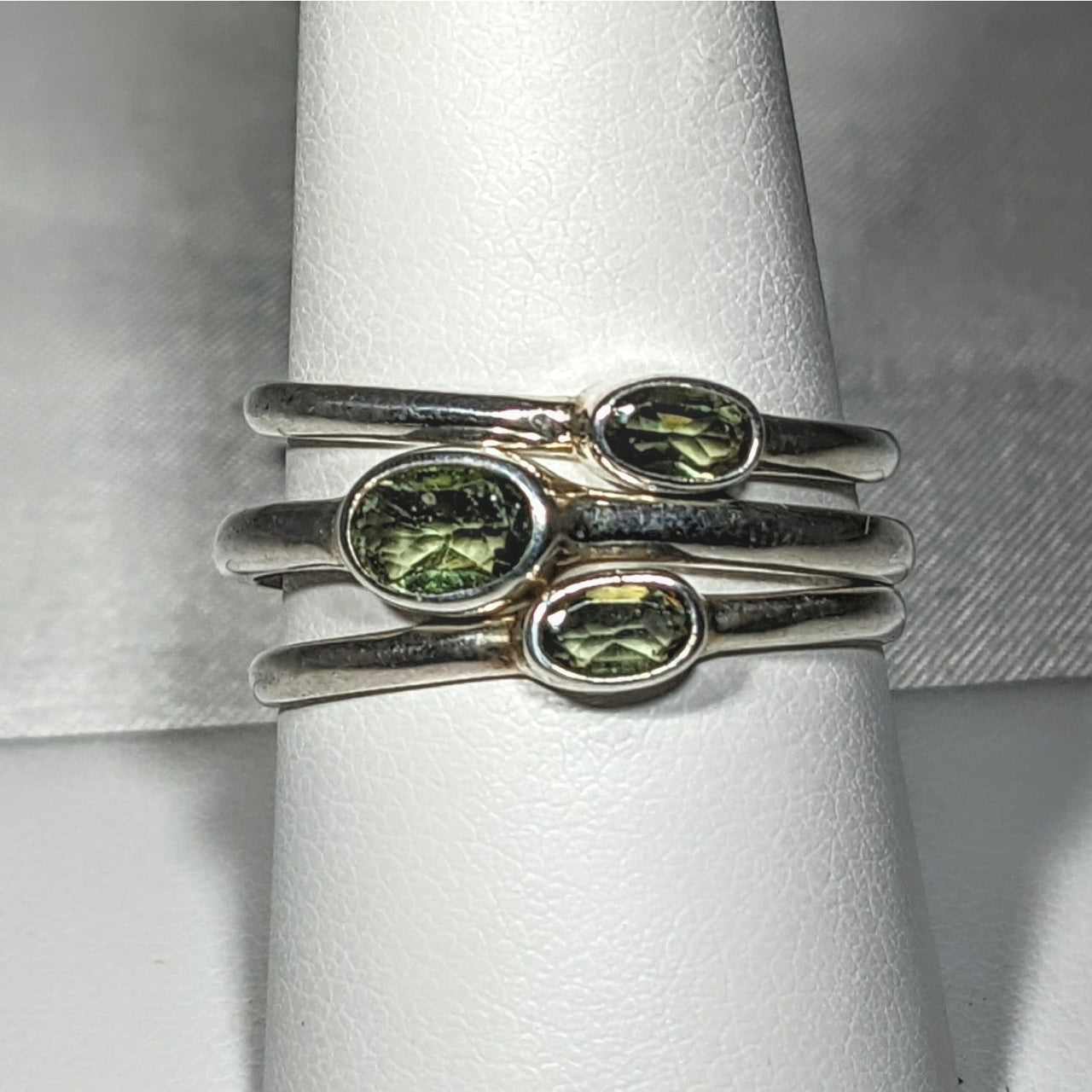 Moldavite Faceted Oval Cut, Sterling Silver Ring #SK2619 with two green gems