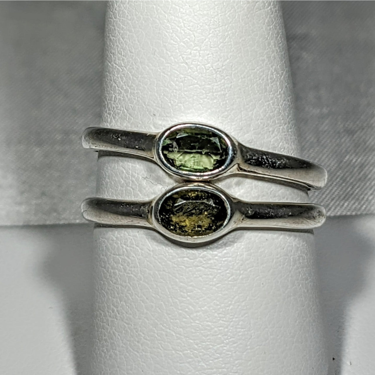 Moldavite Faceted Oval Cut Sterling Silver Ring #SK2619 with a green tourmaline stone