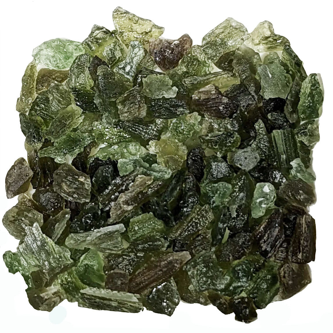 A pile of green and black Moldavite rough chips, sourced from Czech Republic